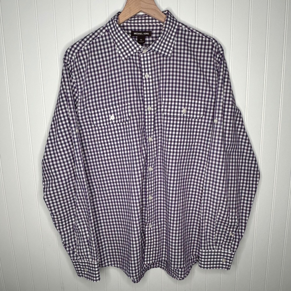 Michael Kors Men's Gingham Button Down Shirt Purple White Roll Tab XL